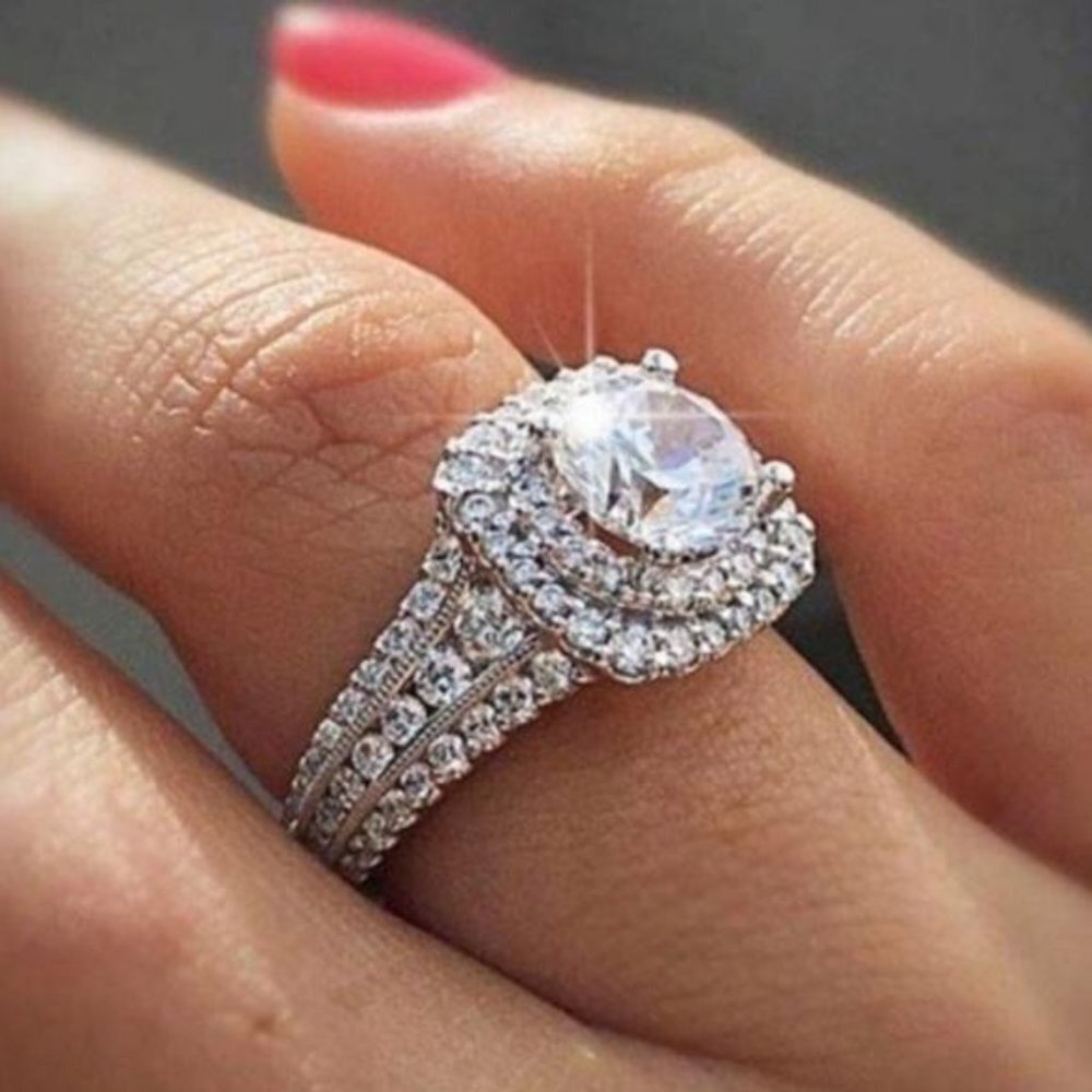 ENGAGEMENT 925 STERLING SILVER DIAMOND HALO RING, CUTE RING, SHINY RING.